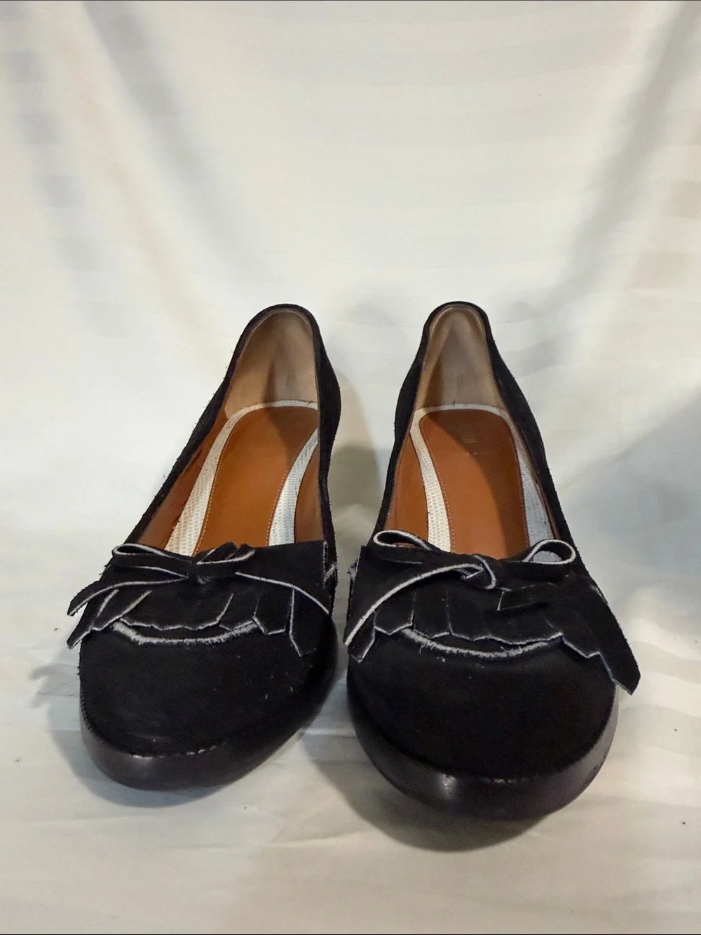 Fendi Black Suede with White Heel Kiltie Loafers with Bow Detail - Size 41